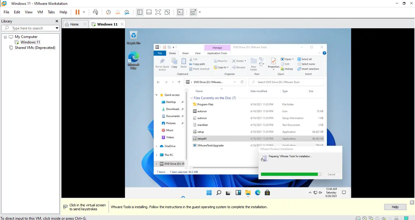 Windows 11 in full-screen mode in the virtual machine