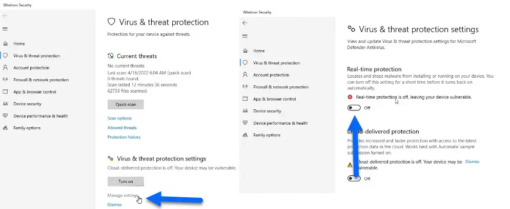 turn off windows virus and threat protection